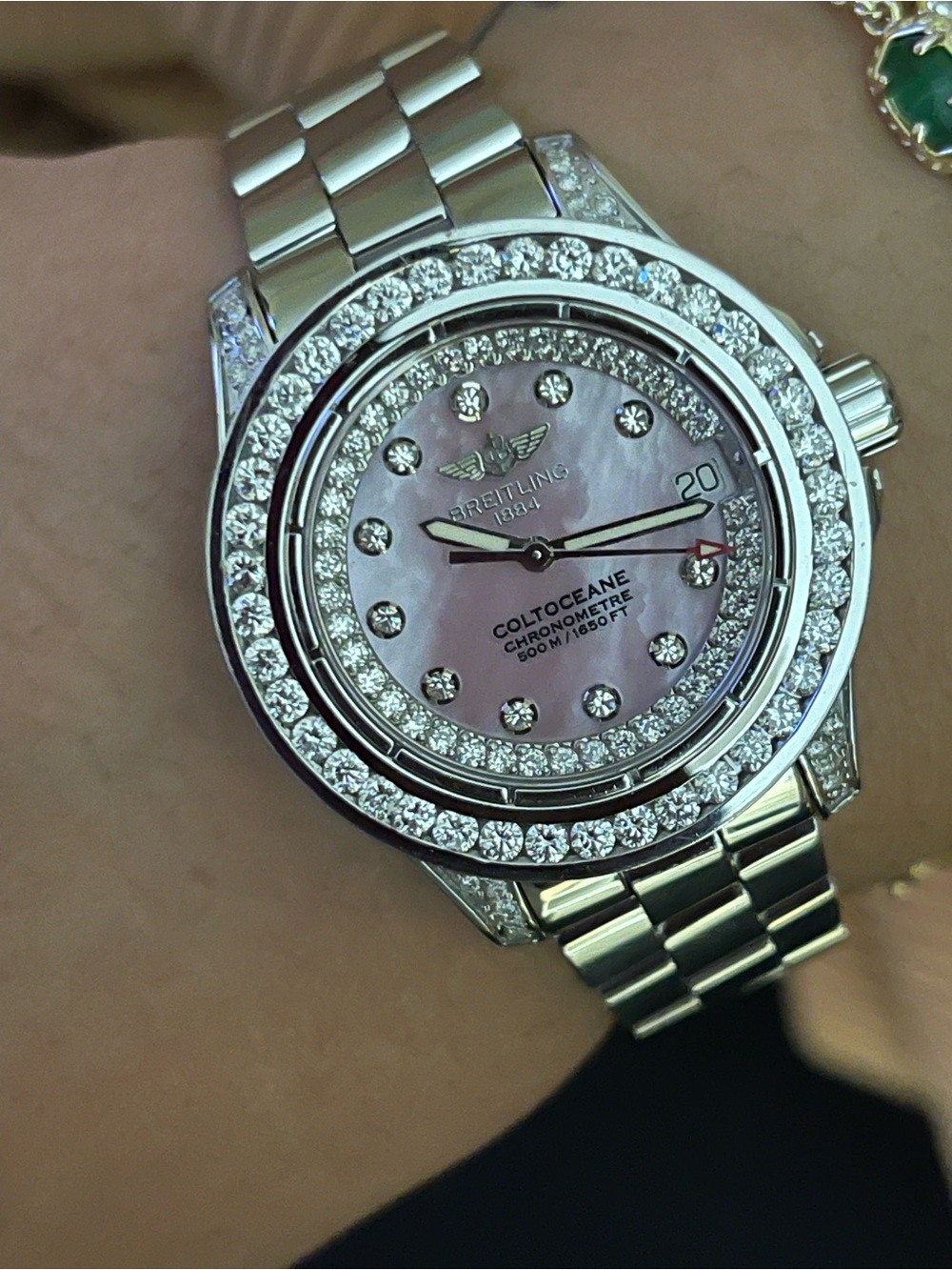 Breitling Silver Bracelet Watch with Pink Mother-of-Pearl Dial and Diamond Bezel